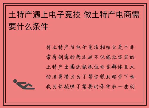 土特产遇上电子竞技 做土特产电商需要什么条件